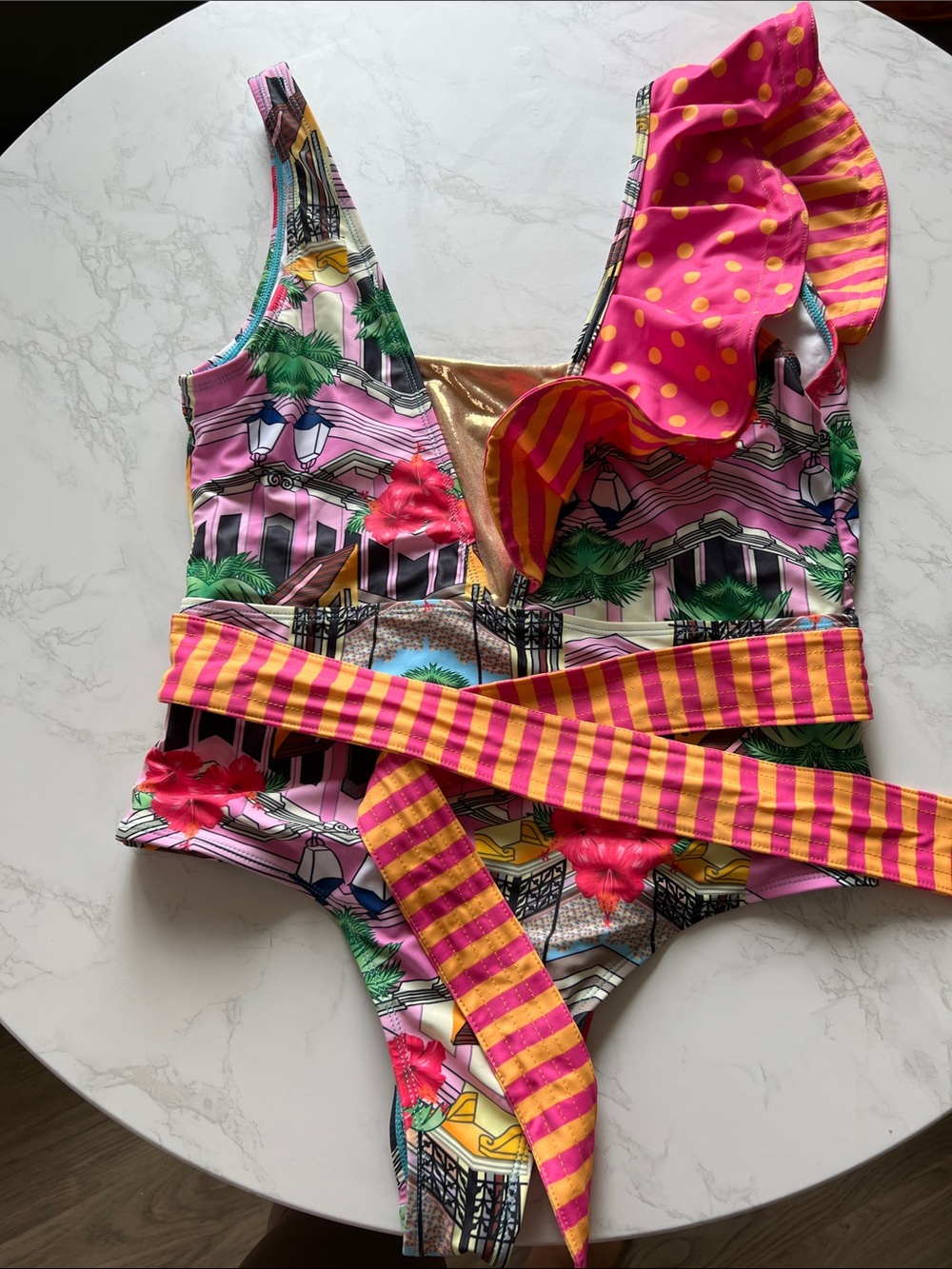 Women Pink Multi-Print One-Piece Swimsuit with Stripe Sash